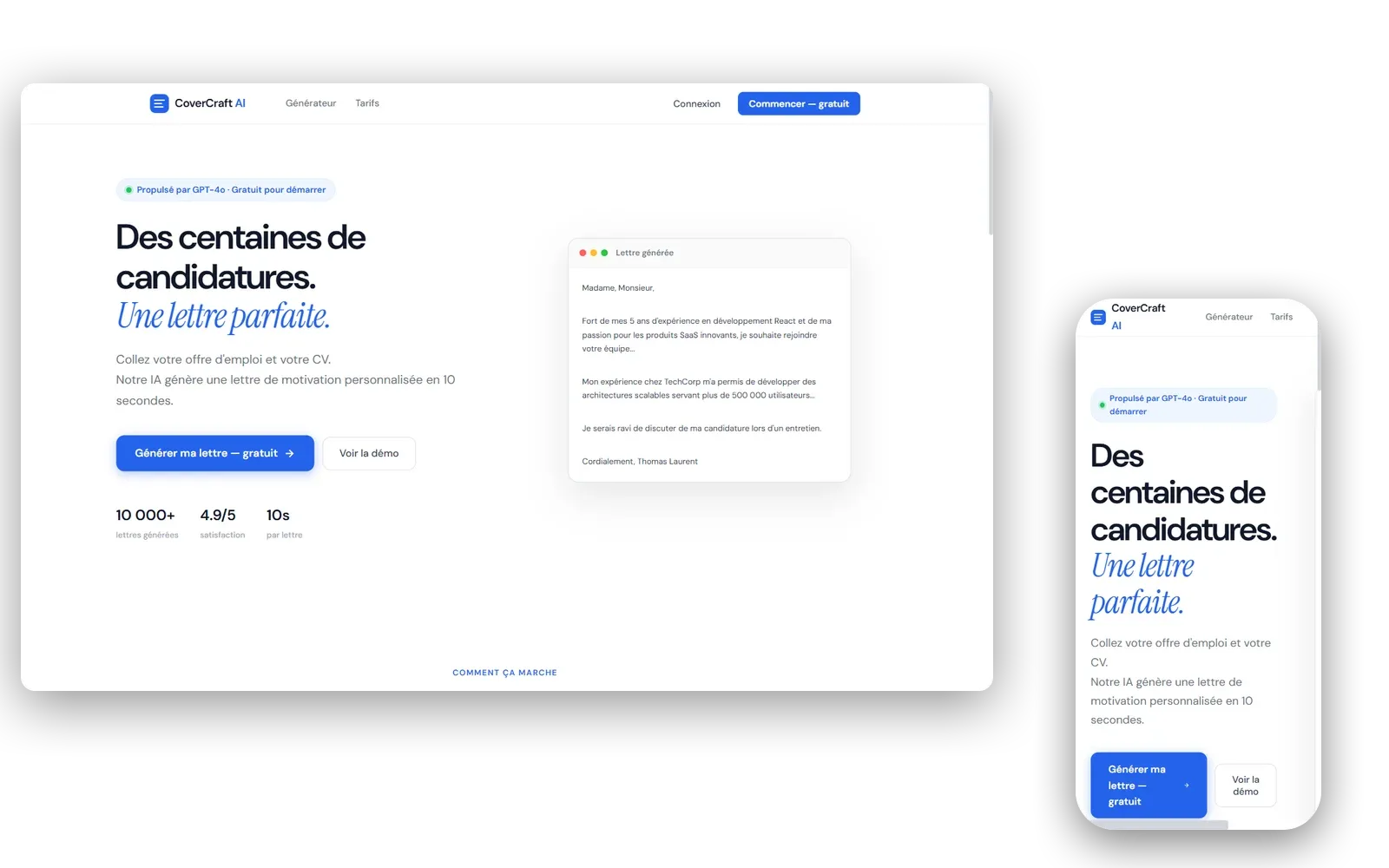 CoverCraft AI, vues bureau et mobile