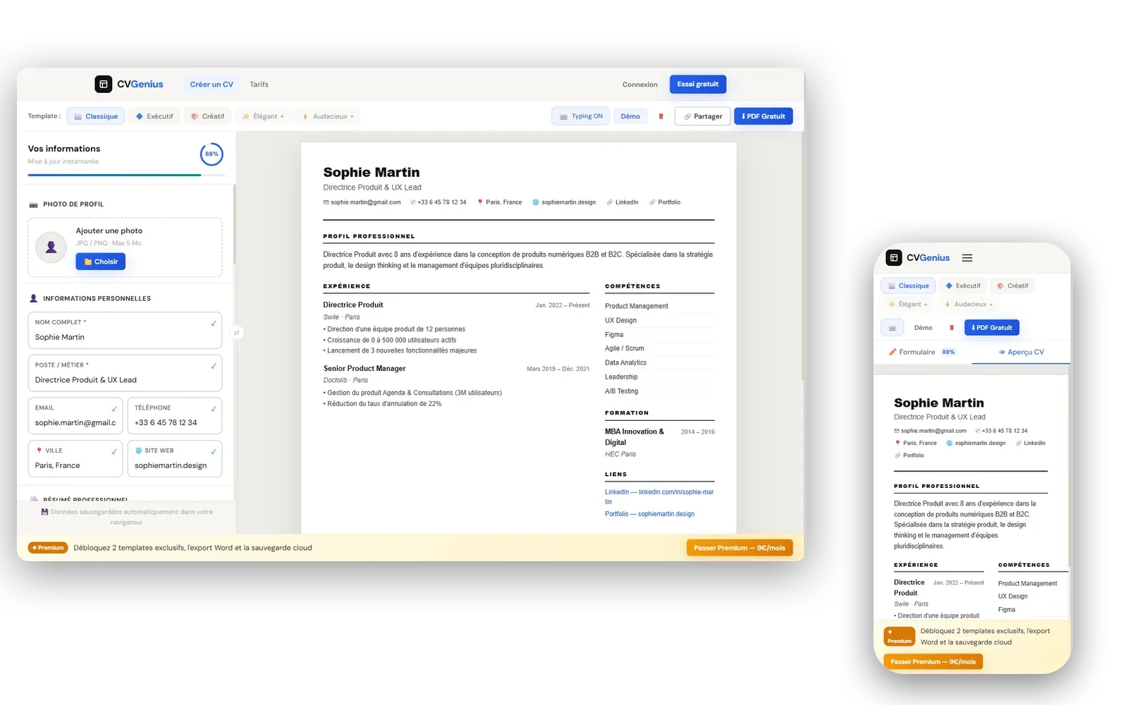 CVGenius, vues bureau et mobile