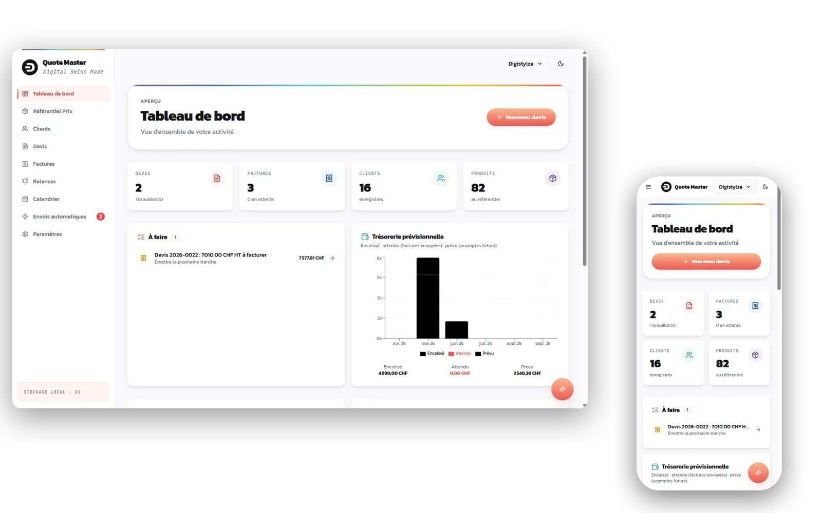 SaaS Devis & Factures Digistylze, vues bureau et mobile