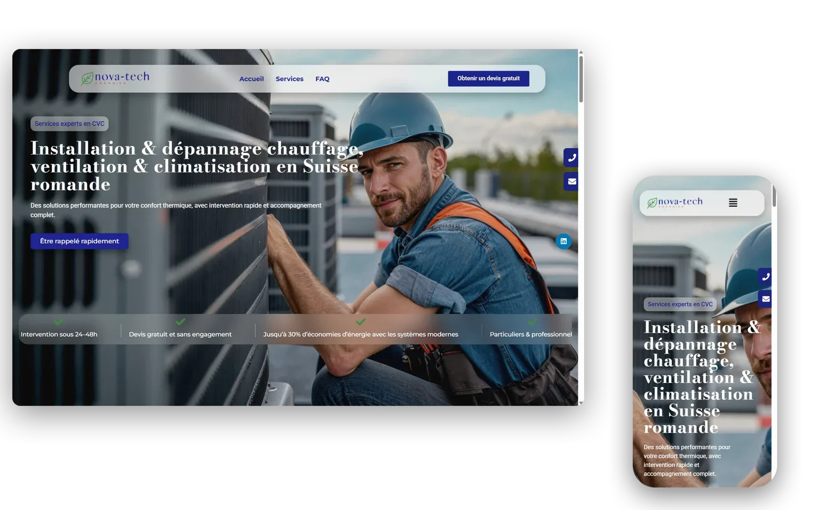 Landing Nova-tech, vues bureau et mobile